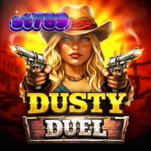 Tampilan visual permainan slot Dusty Duel dengan tema Wild West